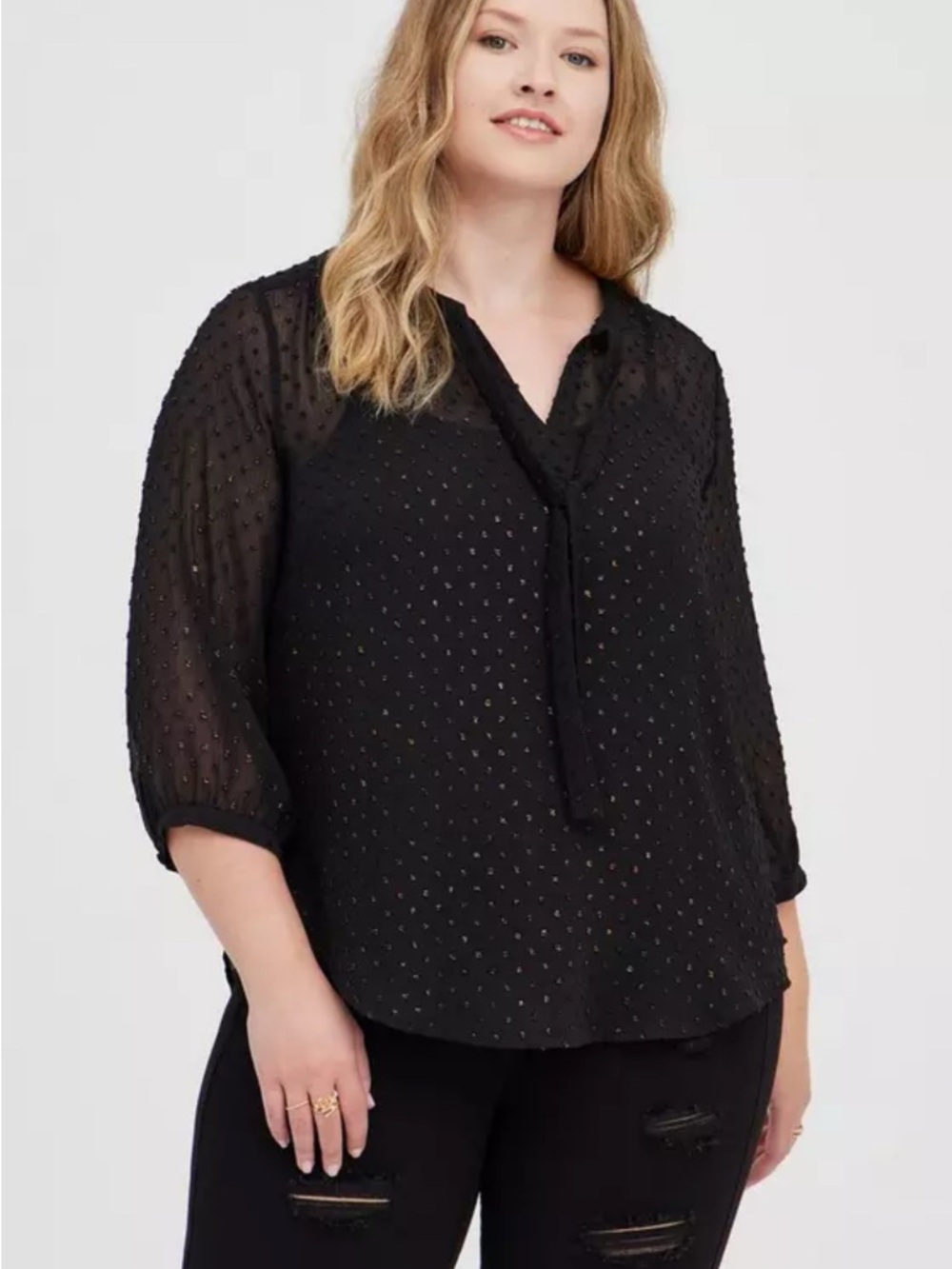 Size 4 Torrid Women’s Peasant Blouse Georgette Metallic Clip Dot Black Sheer Top - Picture 2 of 10